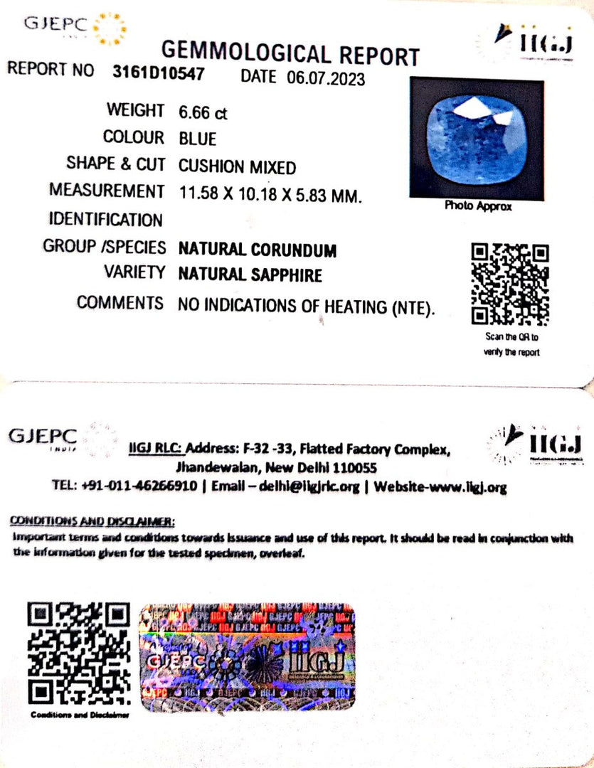 6.66/CT Natural Blue Sapphire with Govt Lab Certificate (8991)