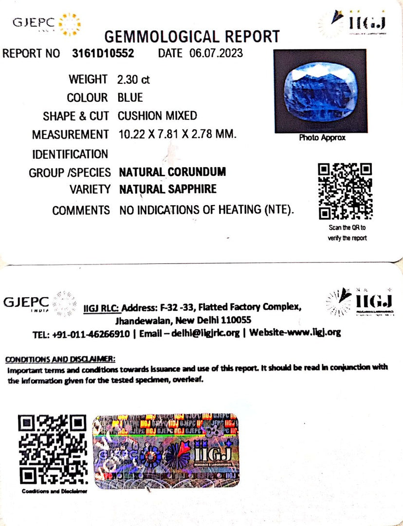 2.30/CT Natural Blue Sapphire with Govt Lab Certificate (8991)