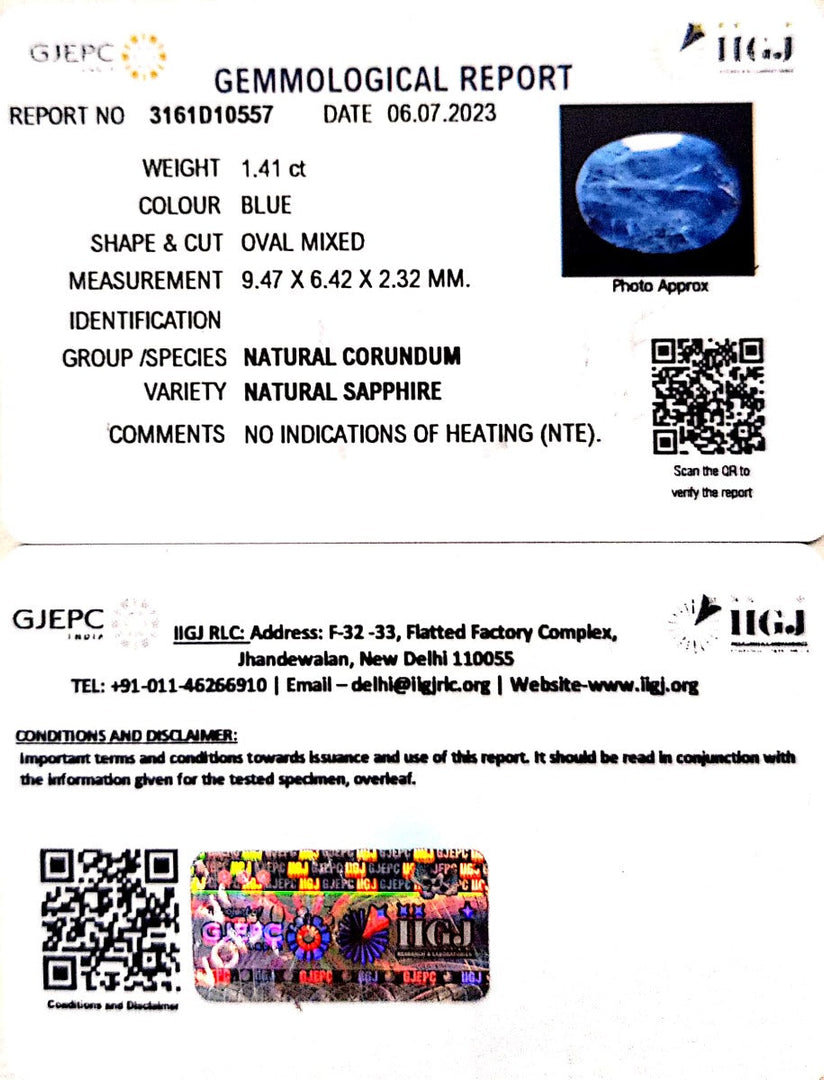 1.41/CT Natural Blue Sapphire with Govt Lab Certificate (6771)