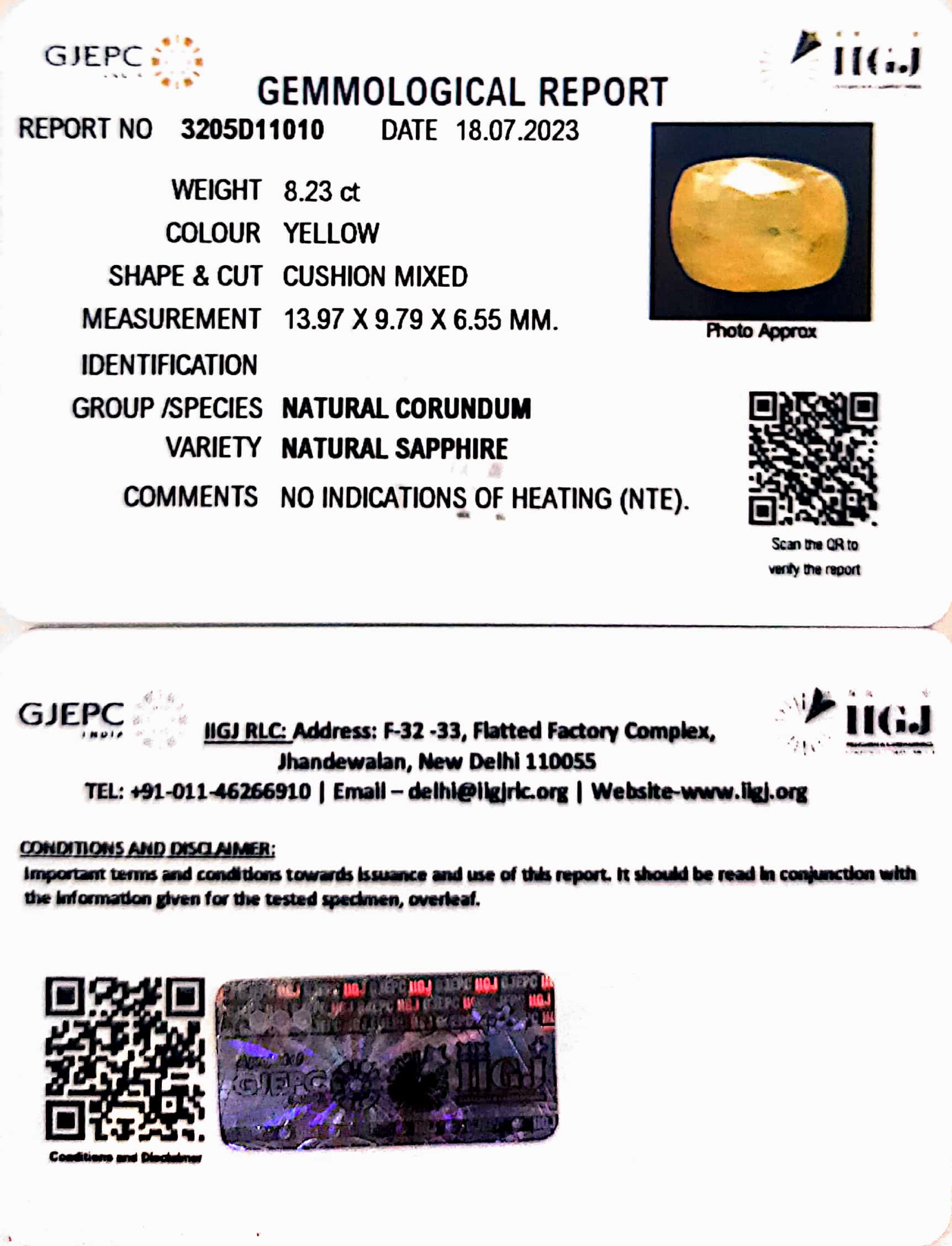 8.23/CT Natural Yellow Sapphire With Govt Lab Certificate (6771)