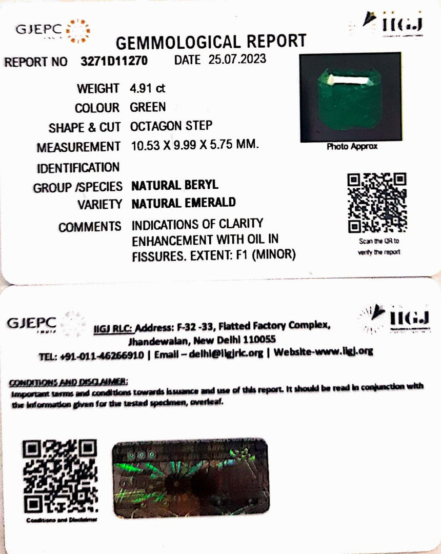 4.91/CT Natural Panna Stone with Govt. Lab Certificate (45510)