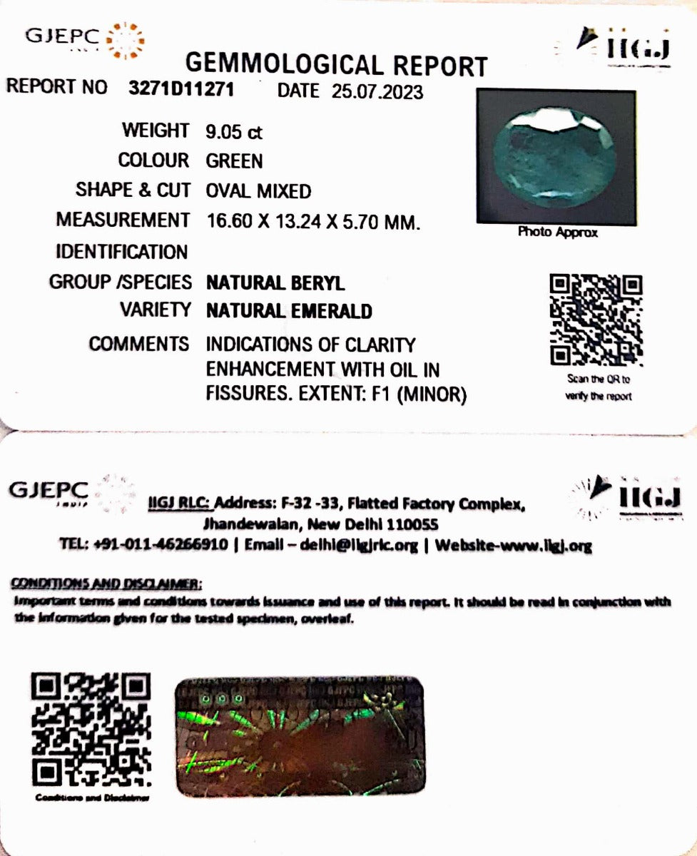 9.05/CT Natural Panna Stone with Govt. Lab Certificate (34410)