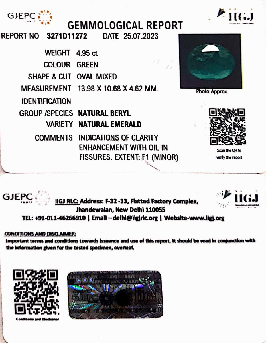 4.95/CT Green Natural Panna Stone with Govt. Lab Certificate - 3271D11272