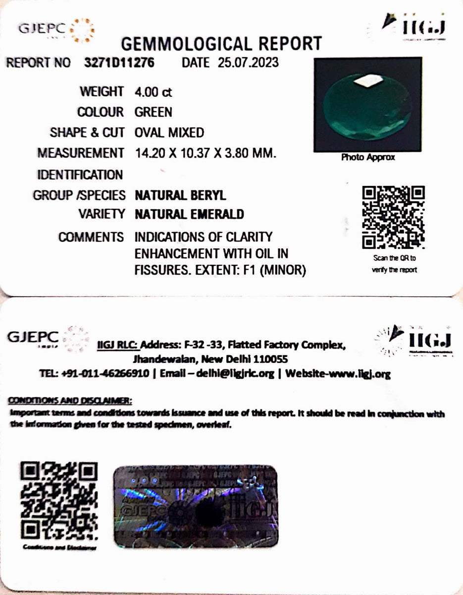 4.00/CT Natural Panna Stone with Govt. Lab Certificate (3271D11276)