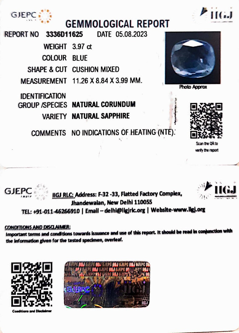 3.97/CT Natural Blue Sapphire with Govt Lab Certificate (23310)