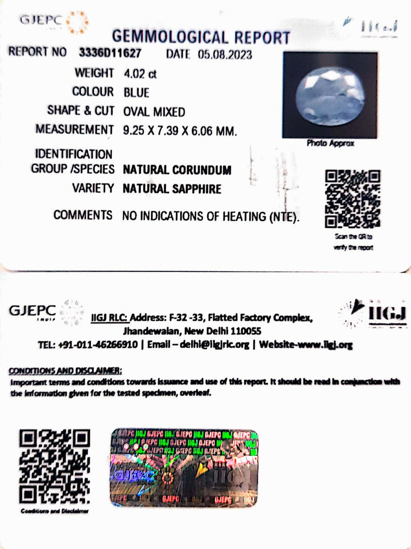 4.02/CT Natural Blue Sapphire with Govt Lab Certificate-BLUSA9S