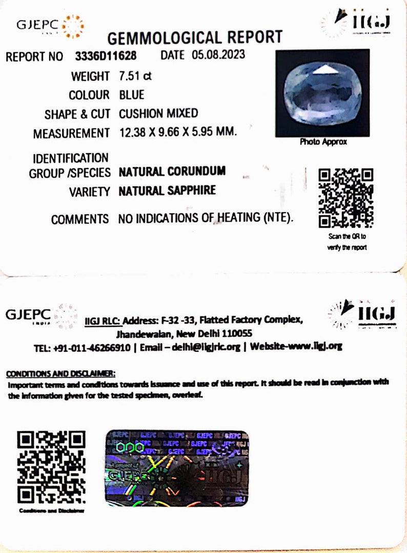 7.51/CT Natural Blue Sapphire with Govt Lab Certificate-BLUSA9T