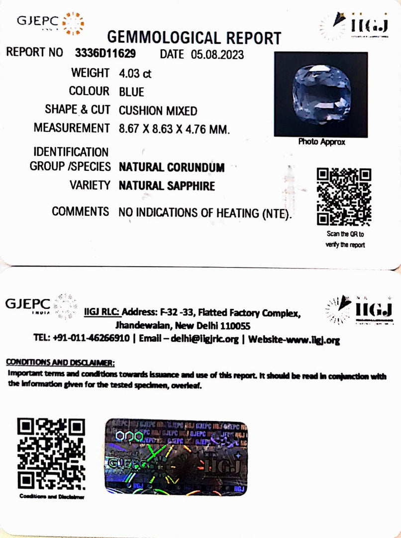 4.03/CT Natural Blue Sapphire with Govt Lab Certificate-BLUSA9W