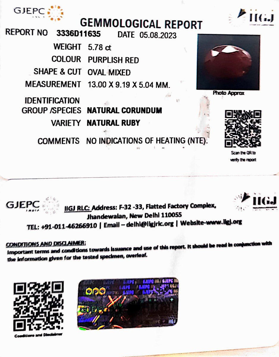 5.73/CT Natural Indian Ruby with Govt. Lab Certificate (3336D11635)