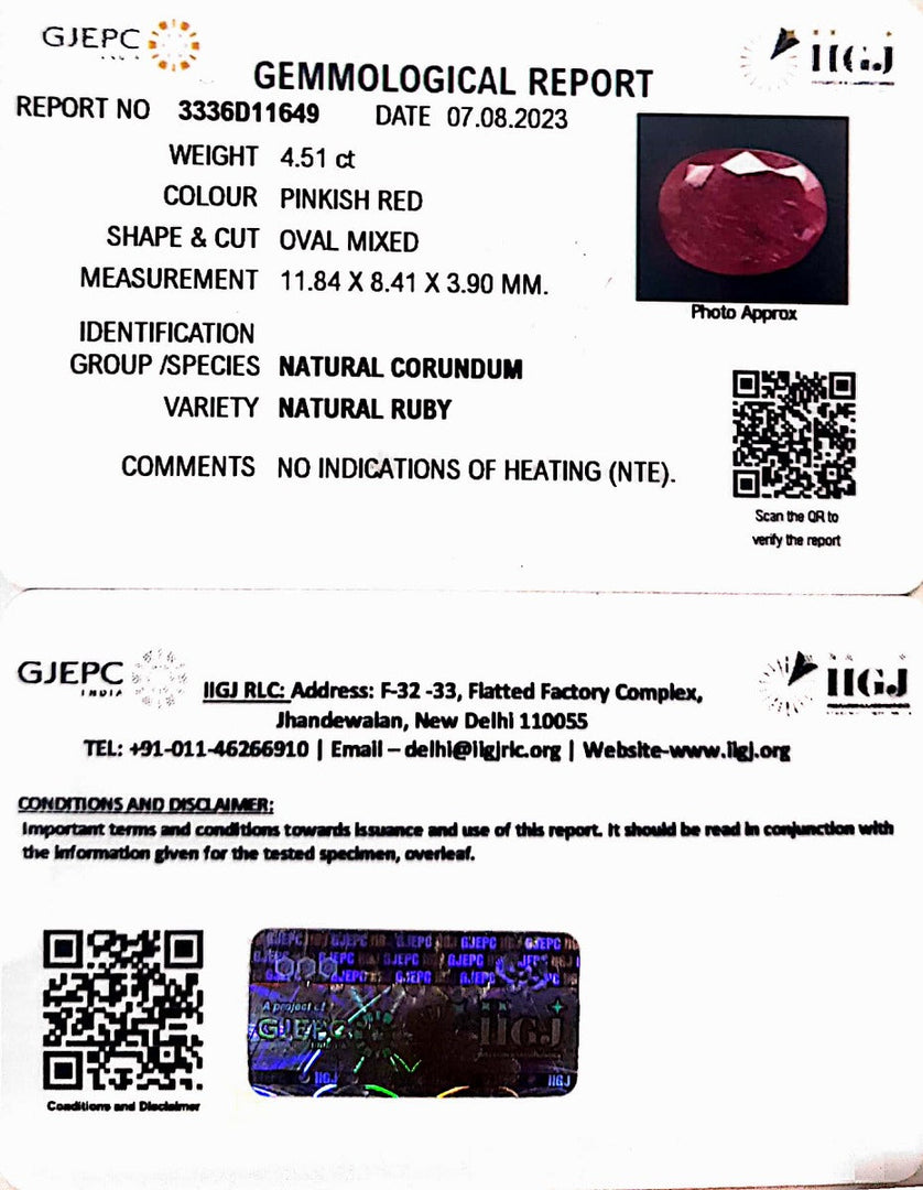 4.51/CT Natural Mozambique Ruby with Govt. Lab Certificate (RUBY9W)