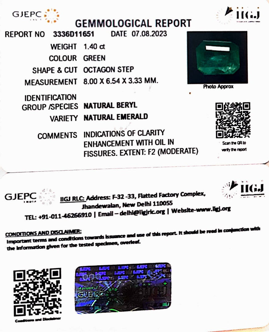 1.40/CT Natural Panna Stone with Govt. Lab Certificate (12210)