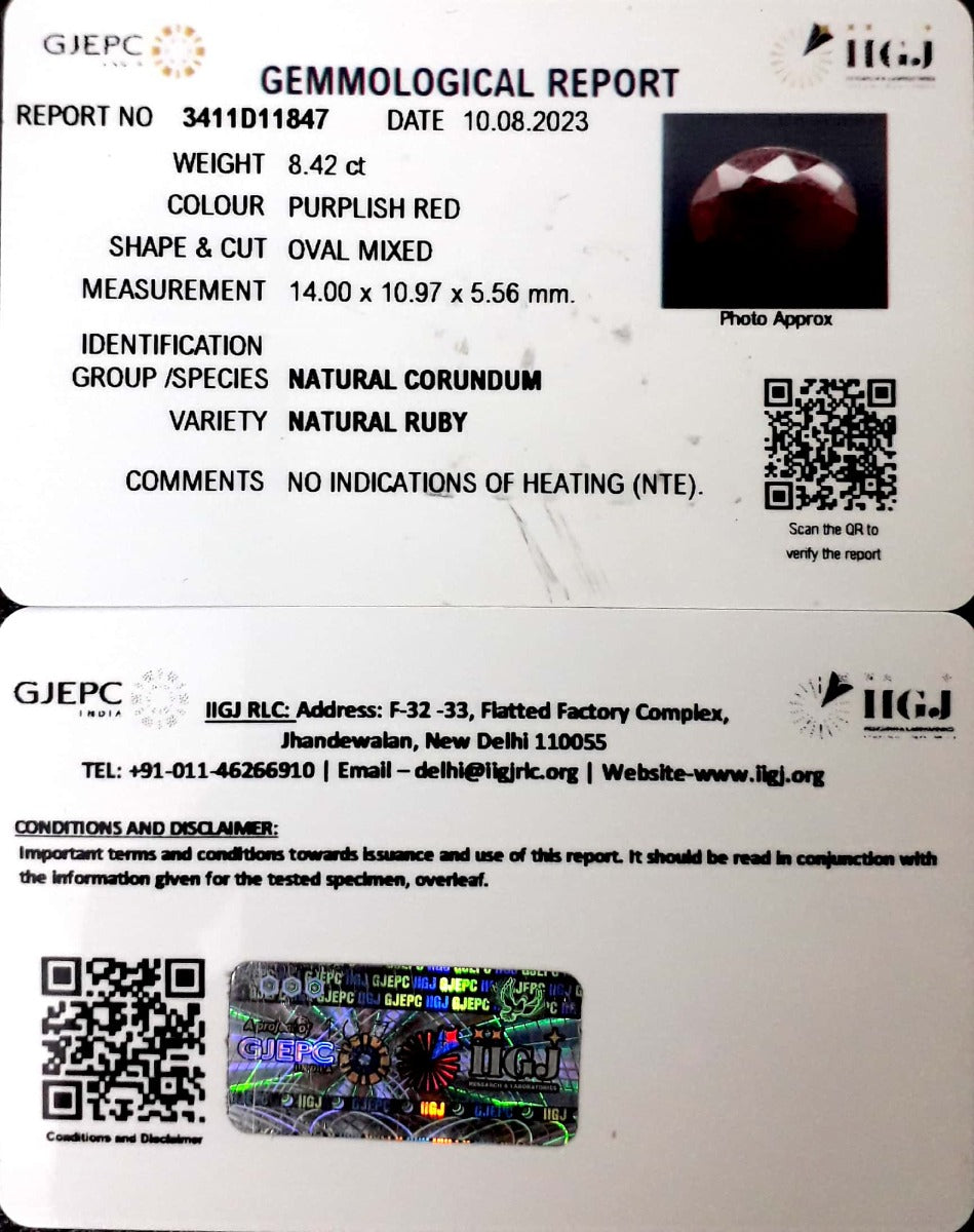 8.42/CT Natural Indian Ruby with Govt. Lab Certificate (1221)