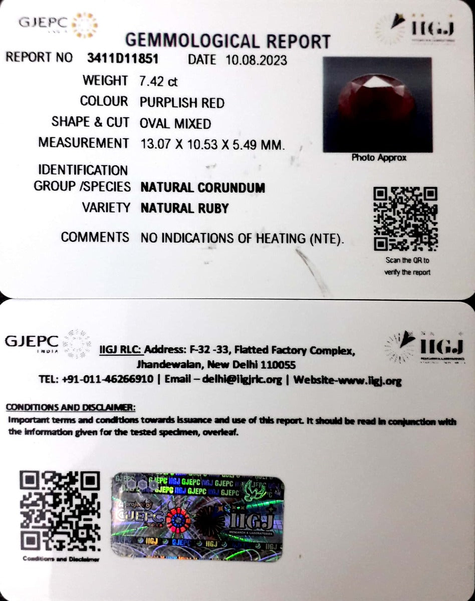 7.42/CT Natural Indian Ruby with Govt. Lab Certificate