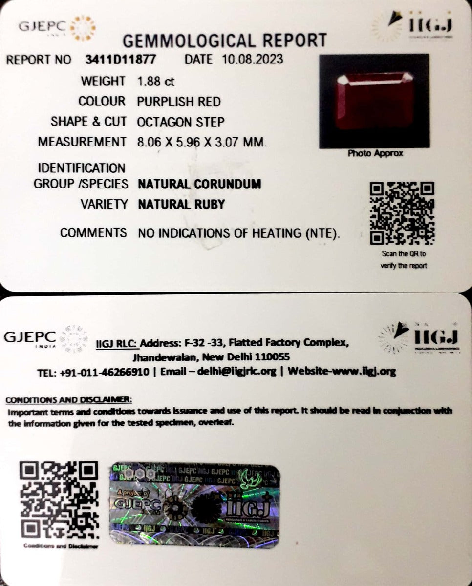 1.88/CT Natural Neo Burma Ruby with Govt. Lab Certificate (3441)