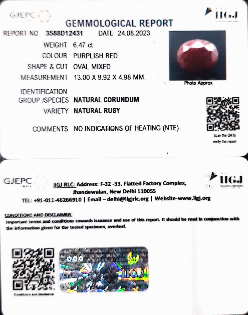 6.47/CT Natural Indian Ruby with Govt. Lab Certificate (3588D12431)