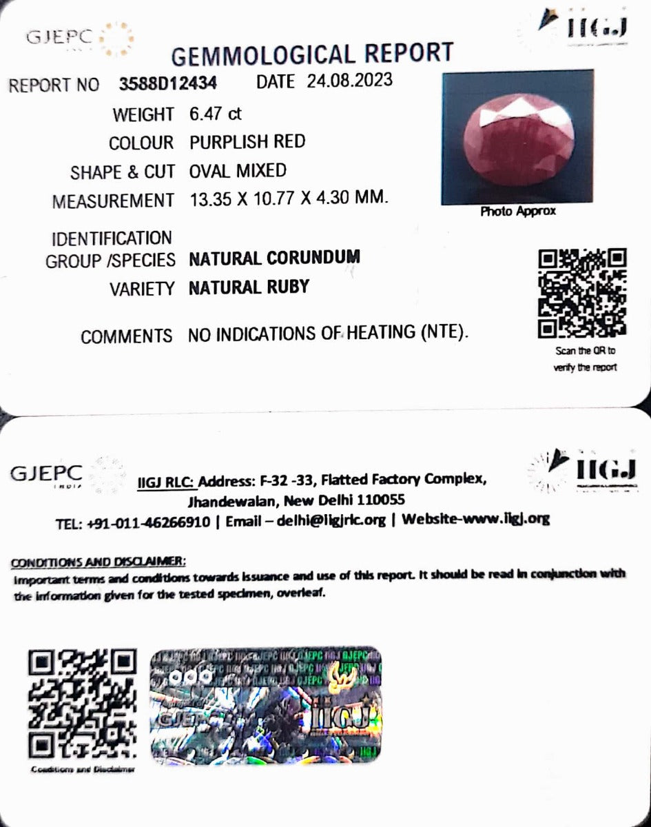6.47/CT Natural Indian Ruby with Govt. Lab Certificate (3588D12434)