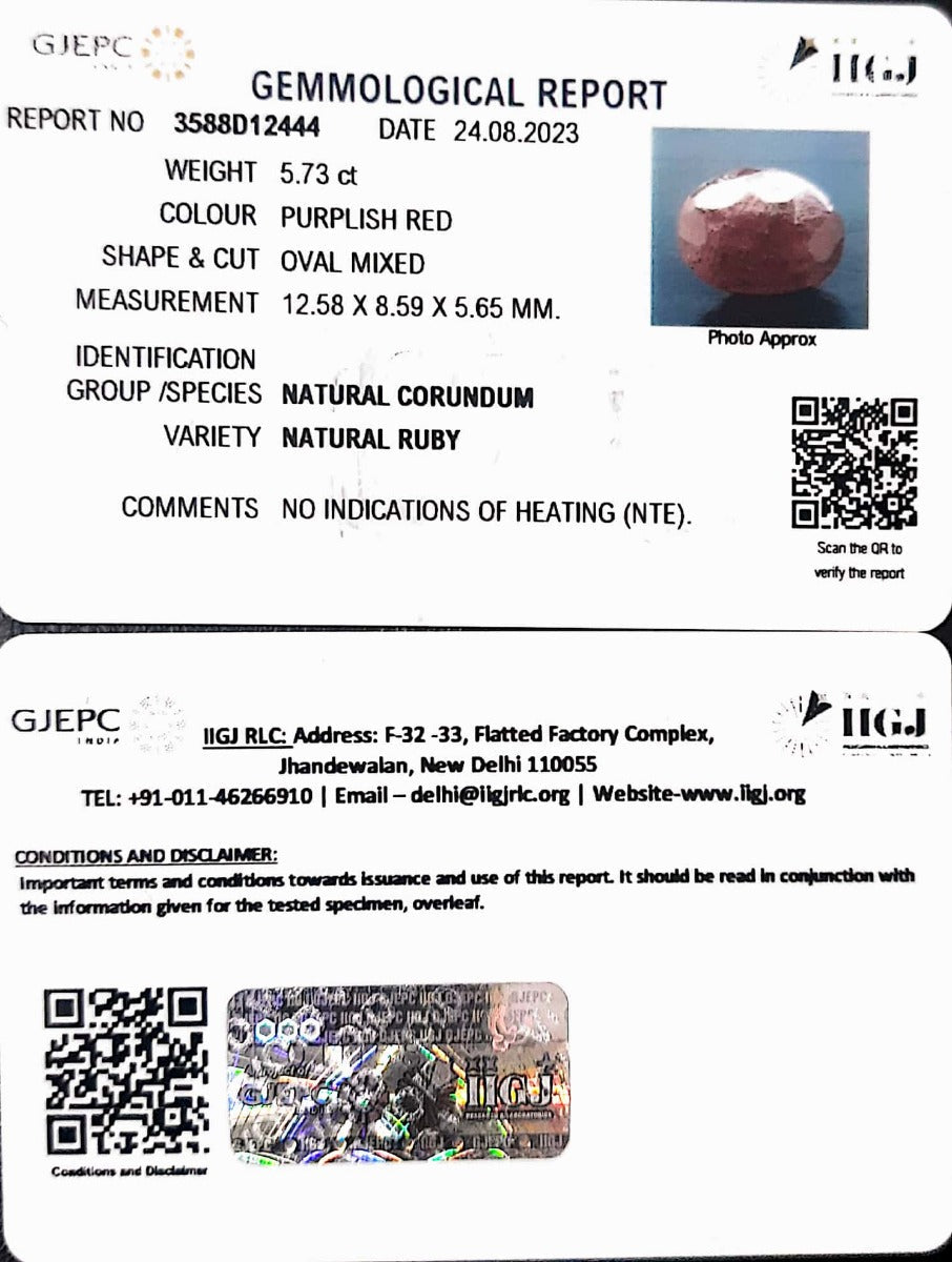 5.73/CT Natural Indian Ruby with Govt. Lab Certificate (3588D12444)