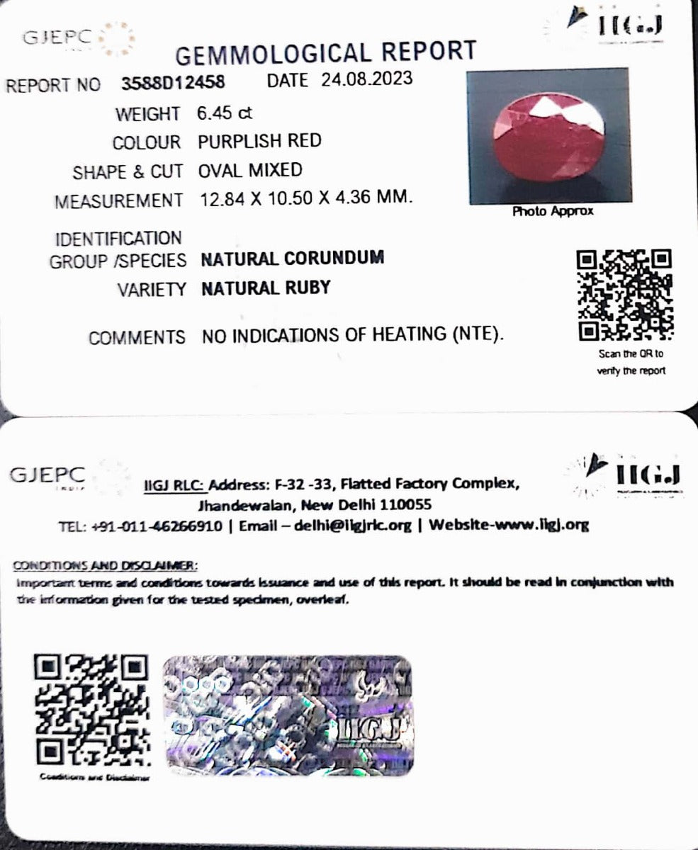 6.45/CT Natural New Burma Ruby with Govt. Lab Certificate- 3588D12458