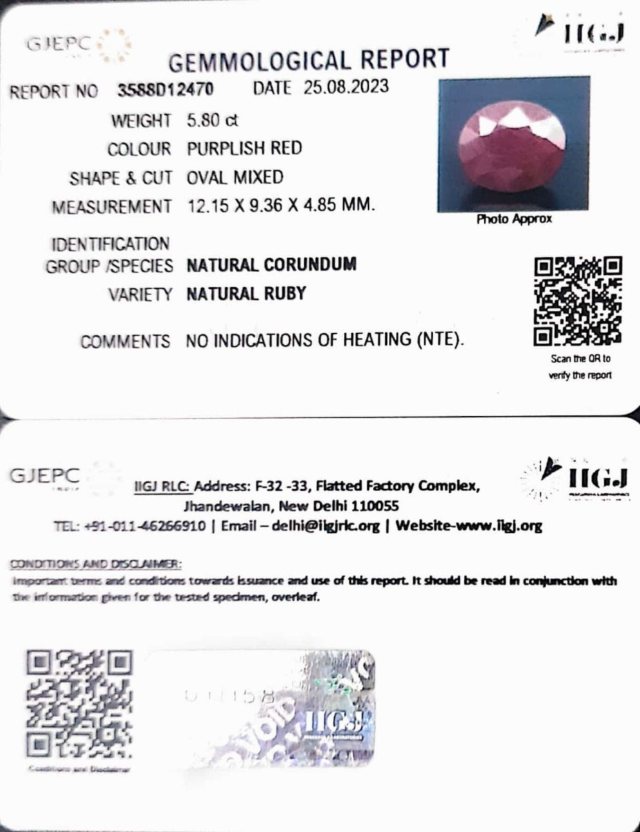 5.80/CT Natural Indian Ruby with Govt. Lab Certificate (1221)