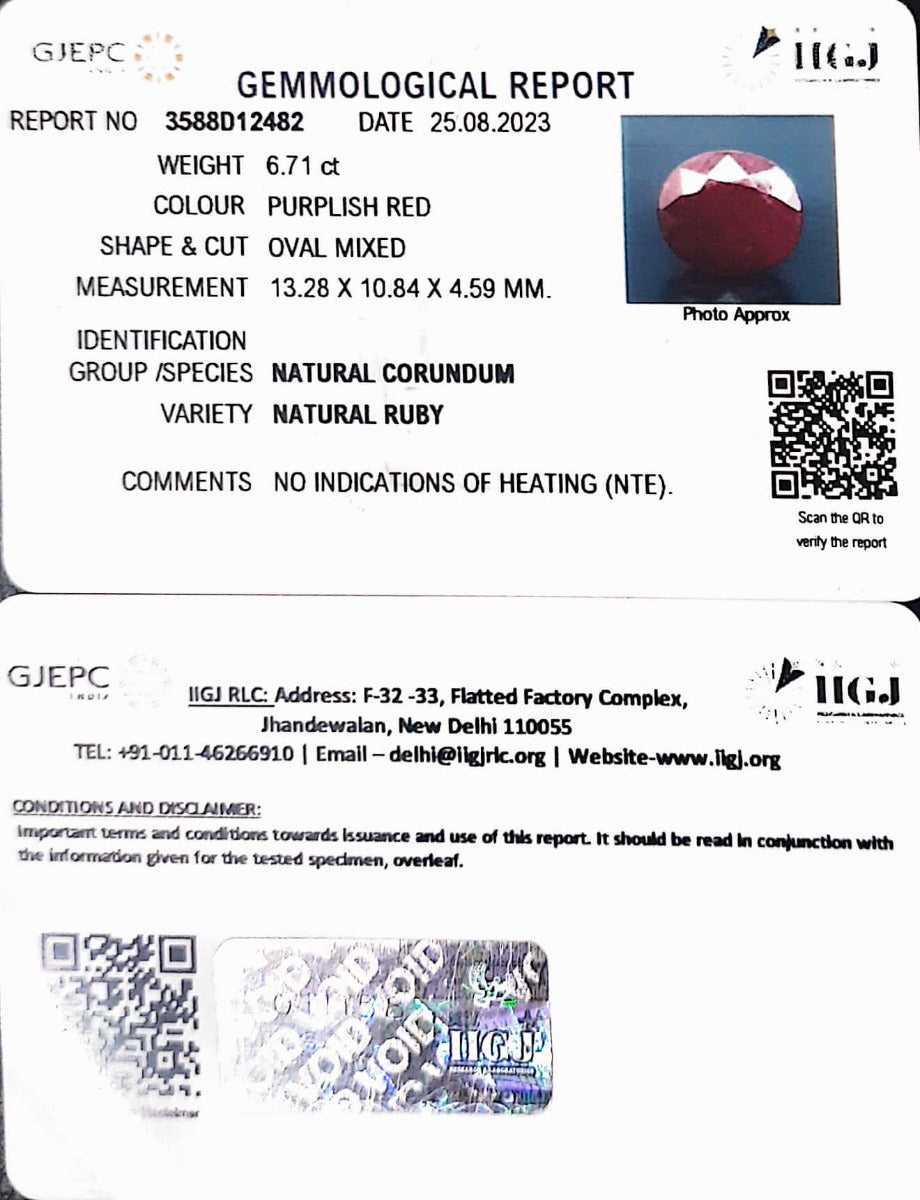 6.71/CT Natural Indian Ruby with Govt. Lab Certificate (3588D12482)
