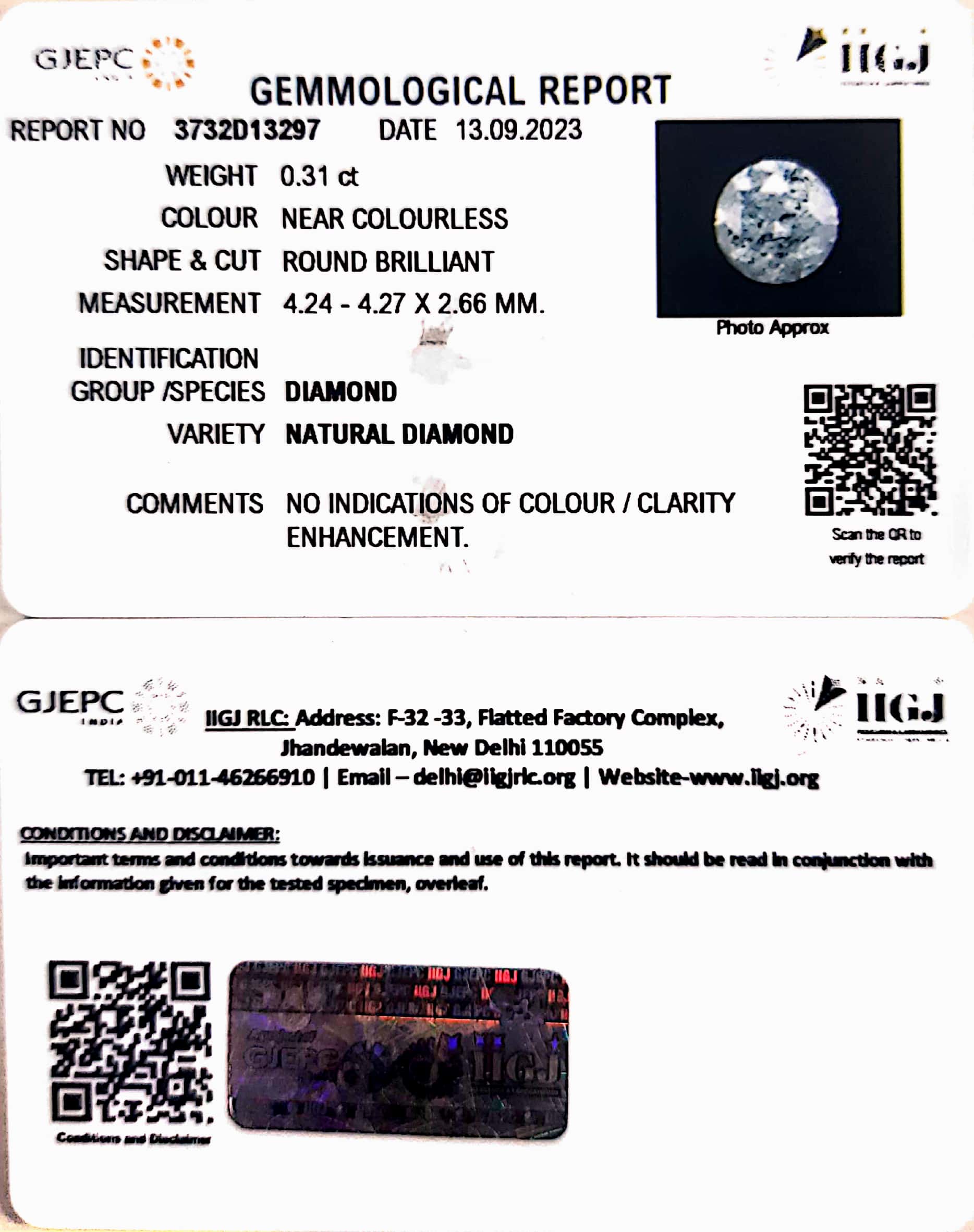 0.31/Cents Natural Diamond with Govt. Lab Certificate-3732D13297