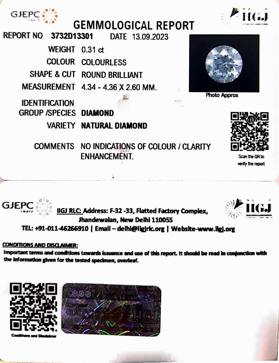 0.31/CT Natural Diamond with Govt. Lab Certificate