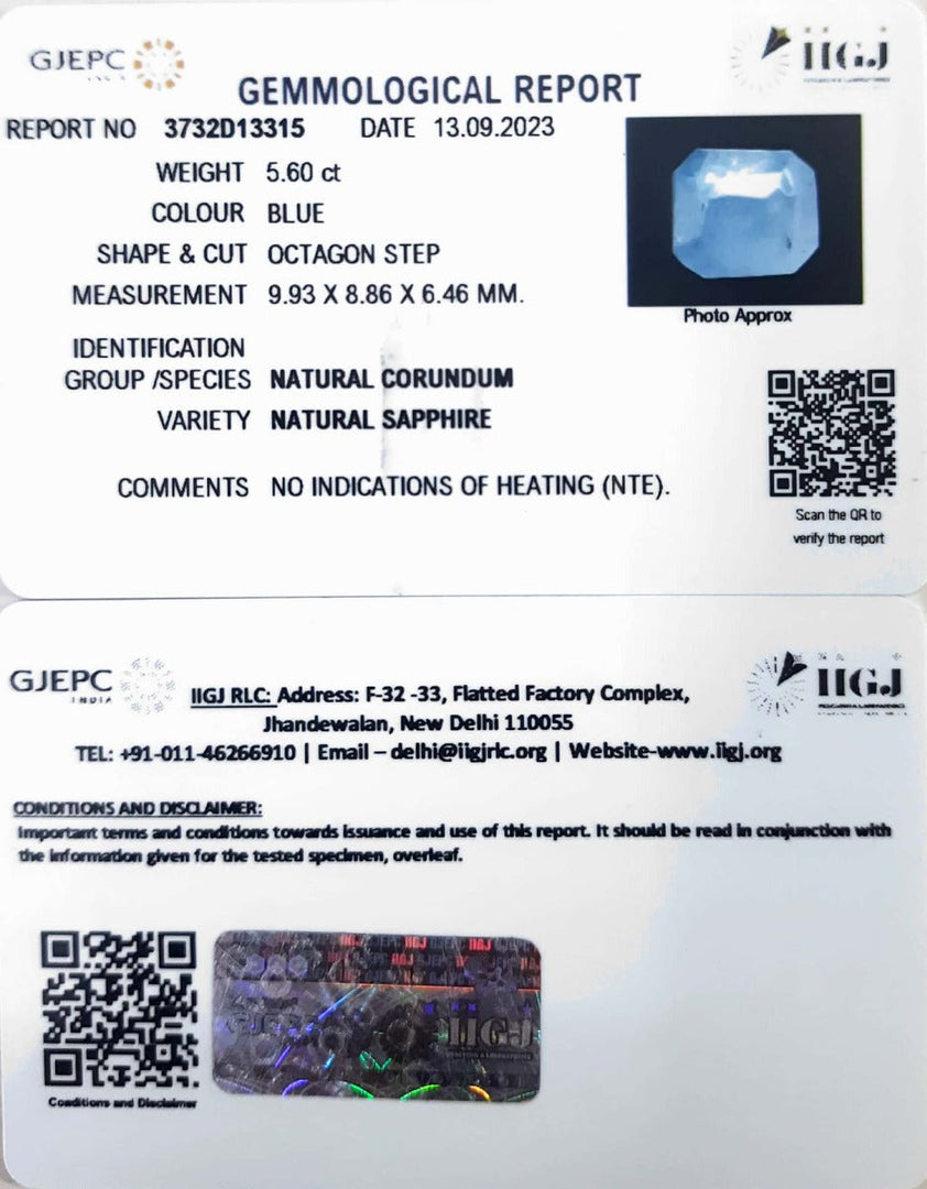 5.60/Carat Natural Blue Sapphire
