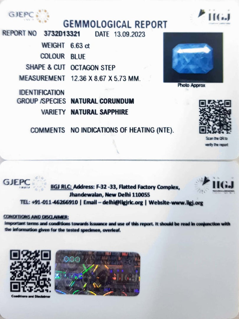 6.63/Carat Natural Blue Sapphire with Govt Lab Certificate (6771)