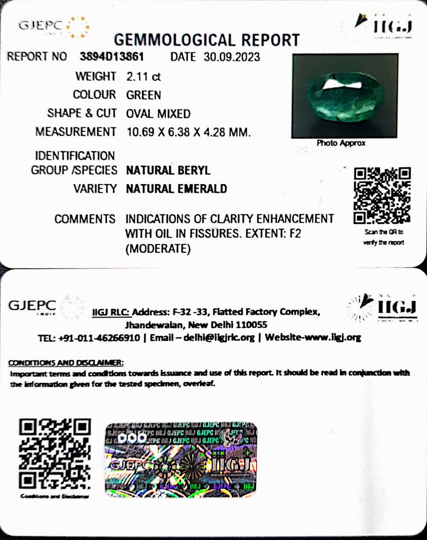 2.11/CT Natural Panna Stone with Govt. Lab Certificate (12210)