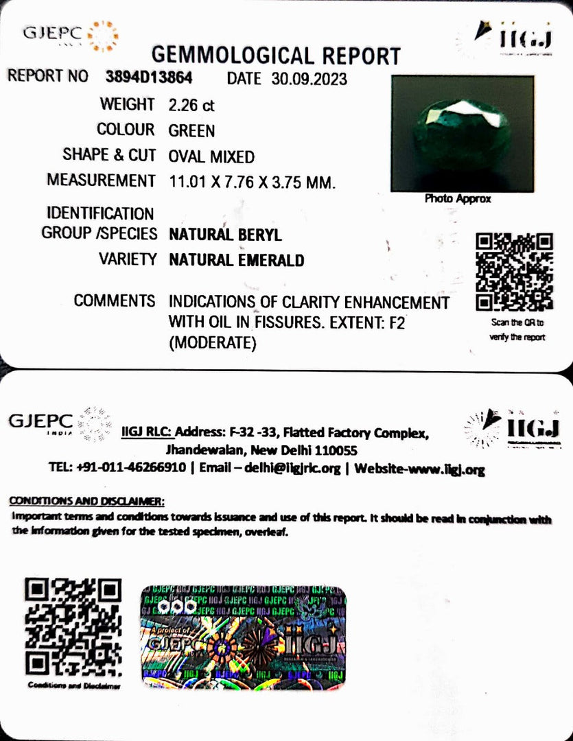 2.26/CT Natural Panna Stone with Govt. Lab Certificate (16650)