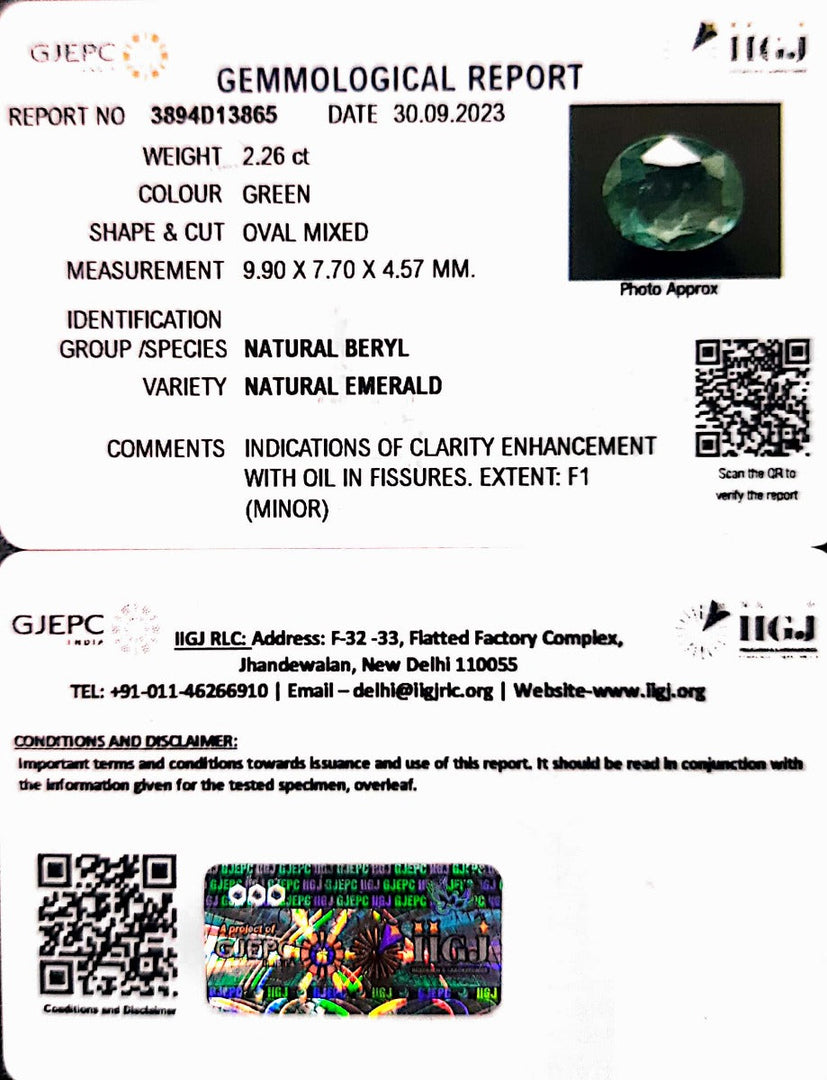 2.26/CT Natural Panna Stone with Govt. Lab Certificate (23310)