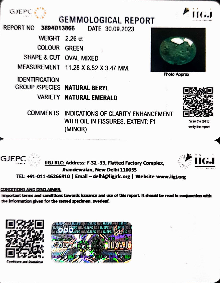 2.26/CT Natural Panna Stone with Govt. Lab Certificate - 3894D13866