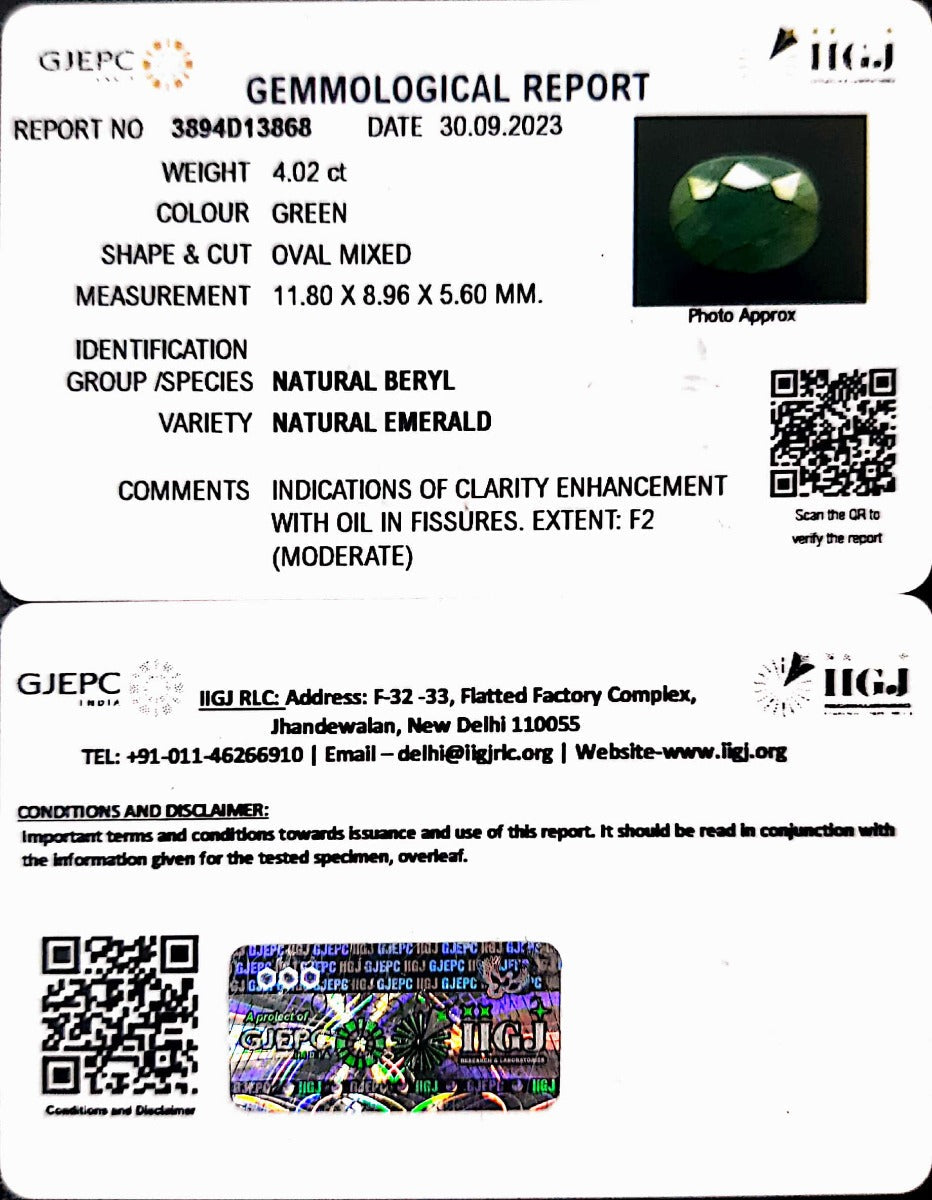 4.02/CT Natural Panna Stone with Govt. Lab Certificate (2331)
