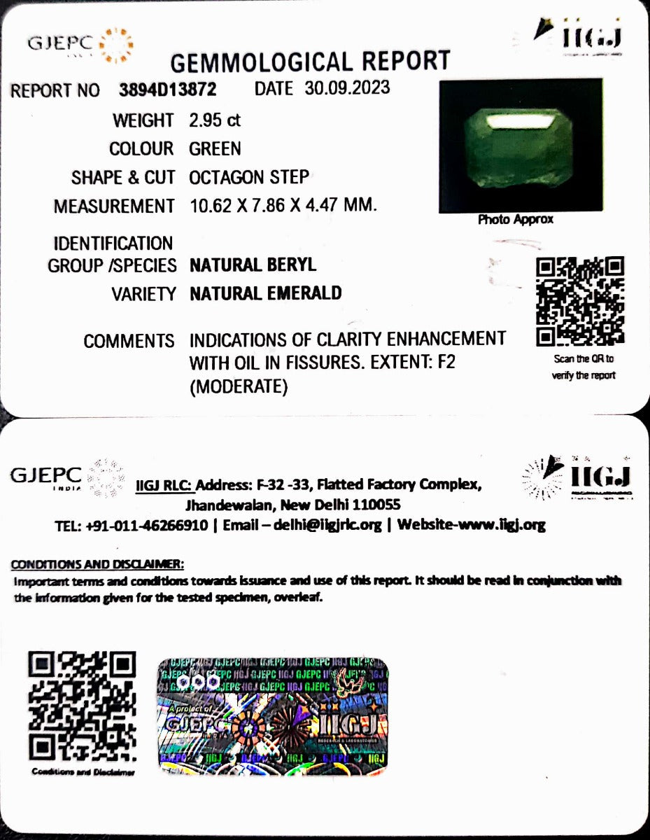 2.95/CT Natural Panna Stone with Govt. Lab Certificate (2331)