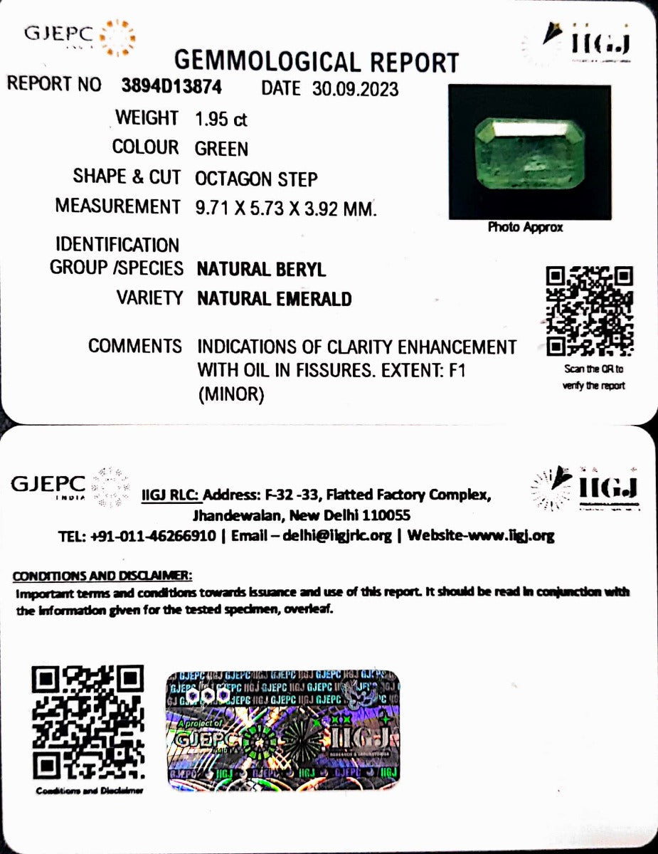 1.95/CT Natural Panna Stone with Govt. Lab Certificate (4551)