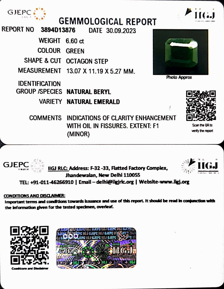 6.60/CT Natural Panna Stone with Govt. Lab Certificate (2331)