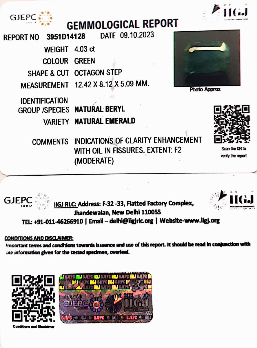 4.03/CT Natural Panna Stone with Govt. Lab Certificate (1221)