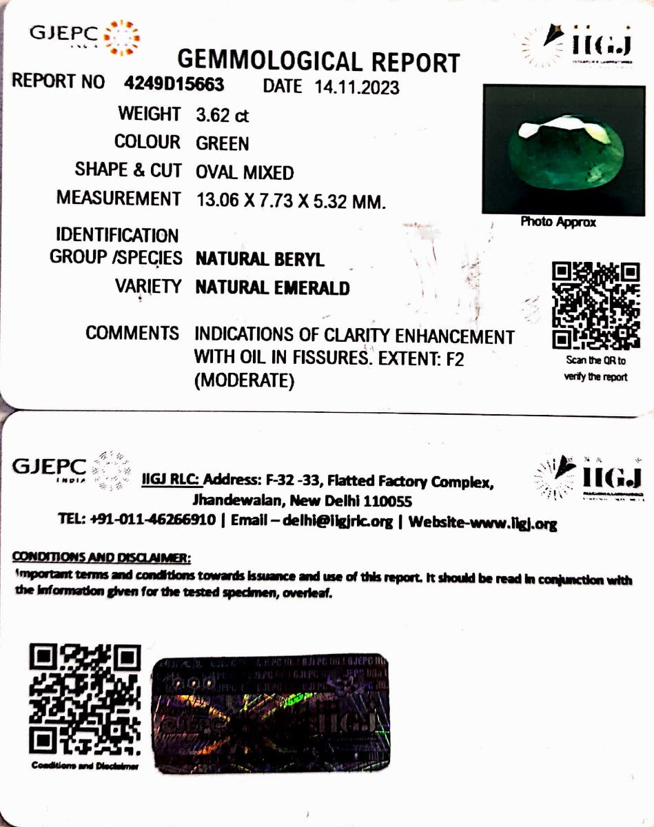 3.62/CT Natural Panna Stone with Govt. Lab Certificate (16650)