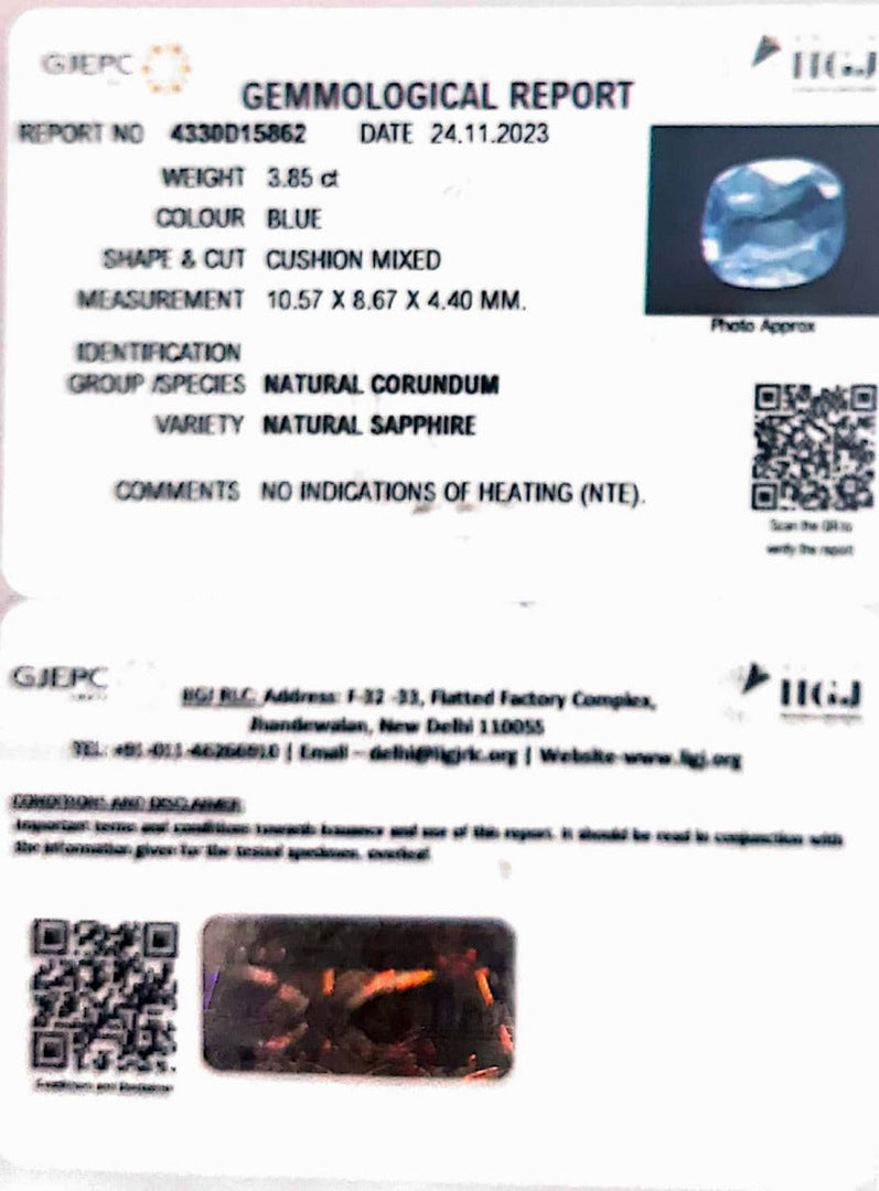 3.85/Carat Natural Blue Sapphire with Govt Lab Certificate (23310)