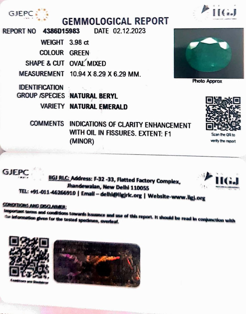 3.98/CT Natural Panna Stone with Govt. Lab Certificate (23310)