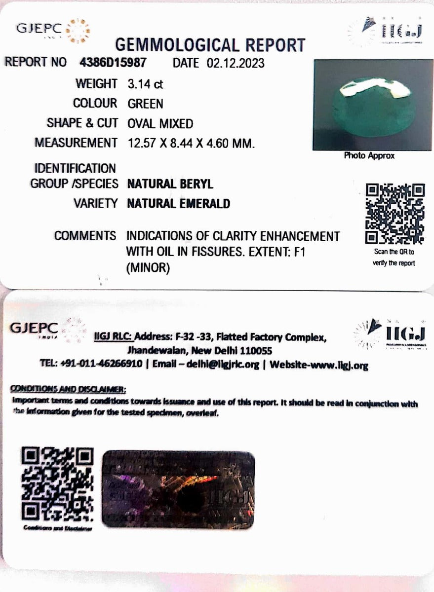 3.14/CT Natural Panna Stone with Govt. Lab Certificate (4386D15987)