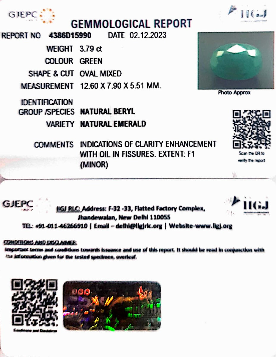 3.79/CT Natural Panna Stone with Govt. Lab Certificate (8991)