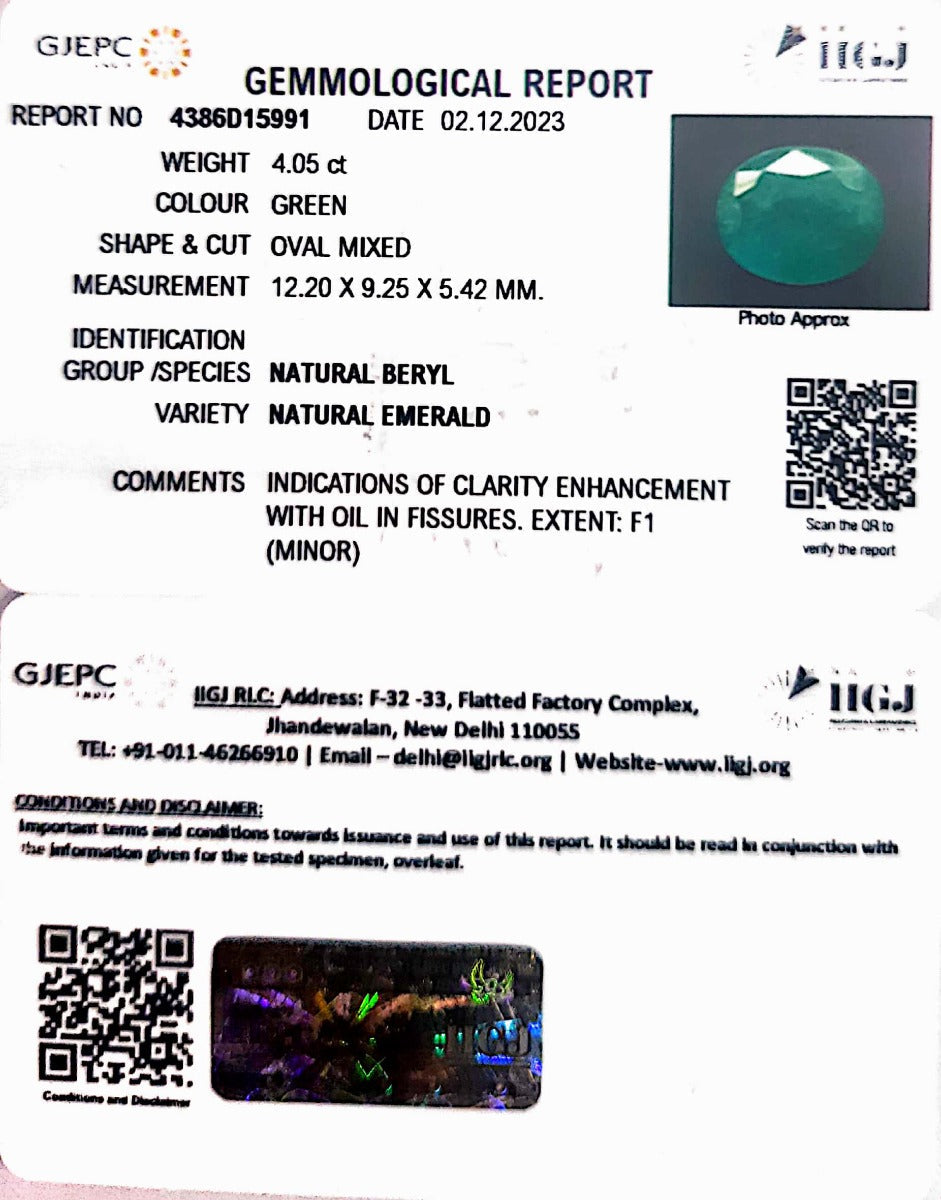 4.05/CT Natural Panna Stone with Govt. Lab Certificate (23310)