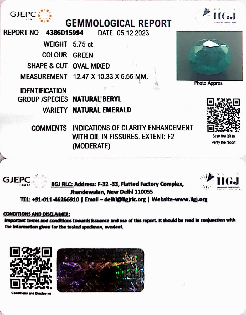 5.75/CT Natural Panna Stone with Govt. Lab Certificate (23310)