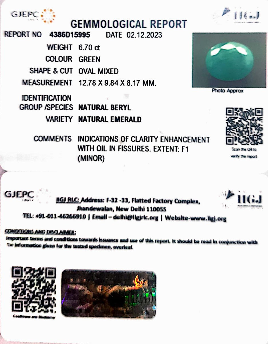 6.70/CT Natural Panna Stone with Govt. Lab Certificate (6771)