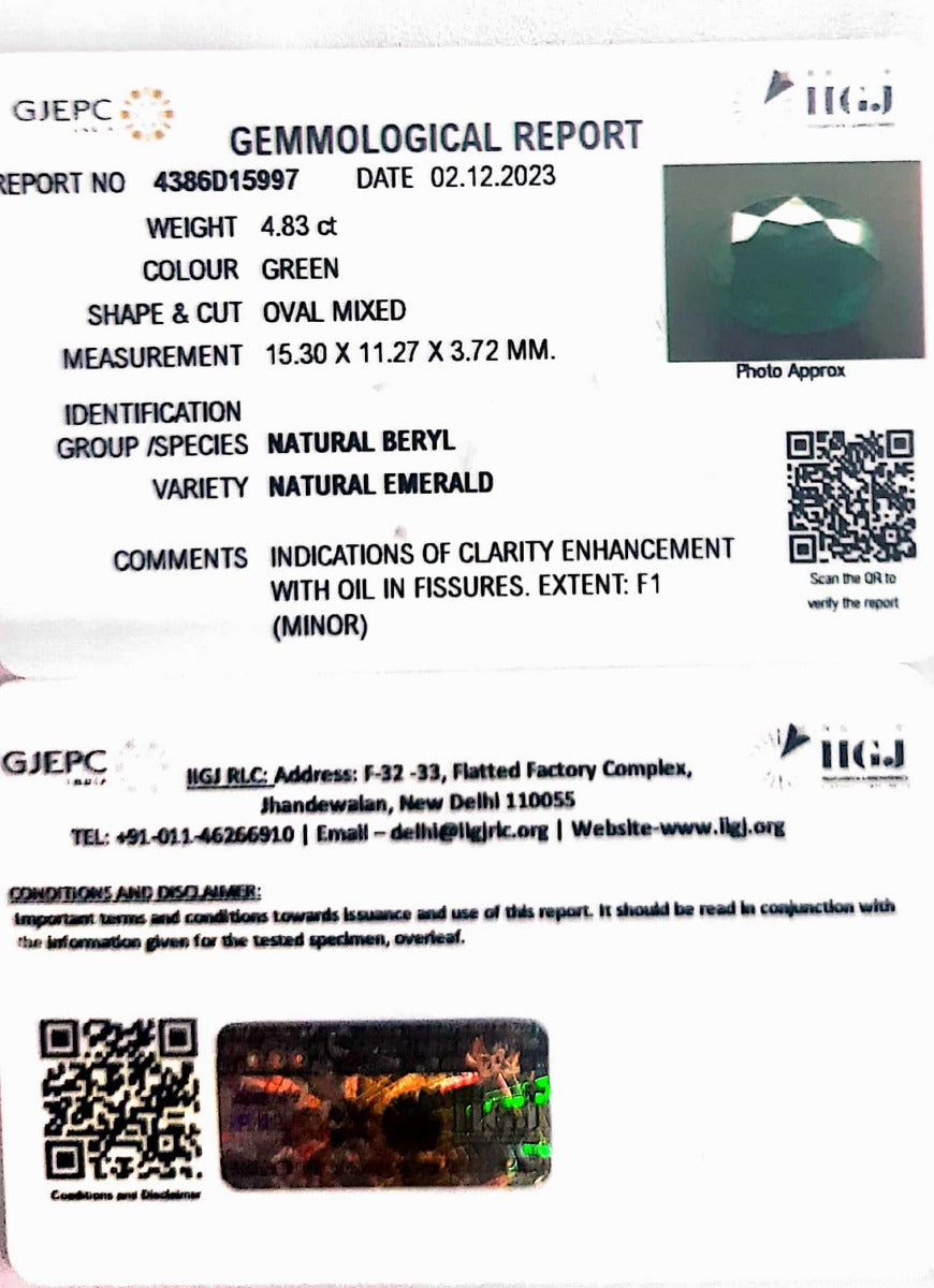 4.83/CT Natural Panna Stone with Govt. Lab Certificate (4386D15997)