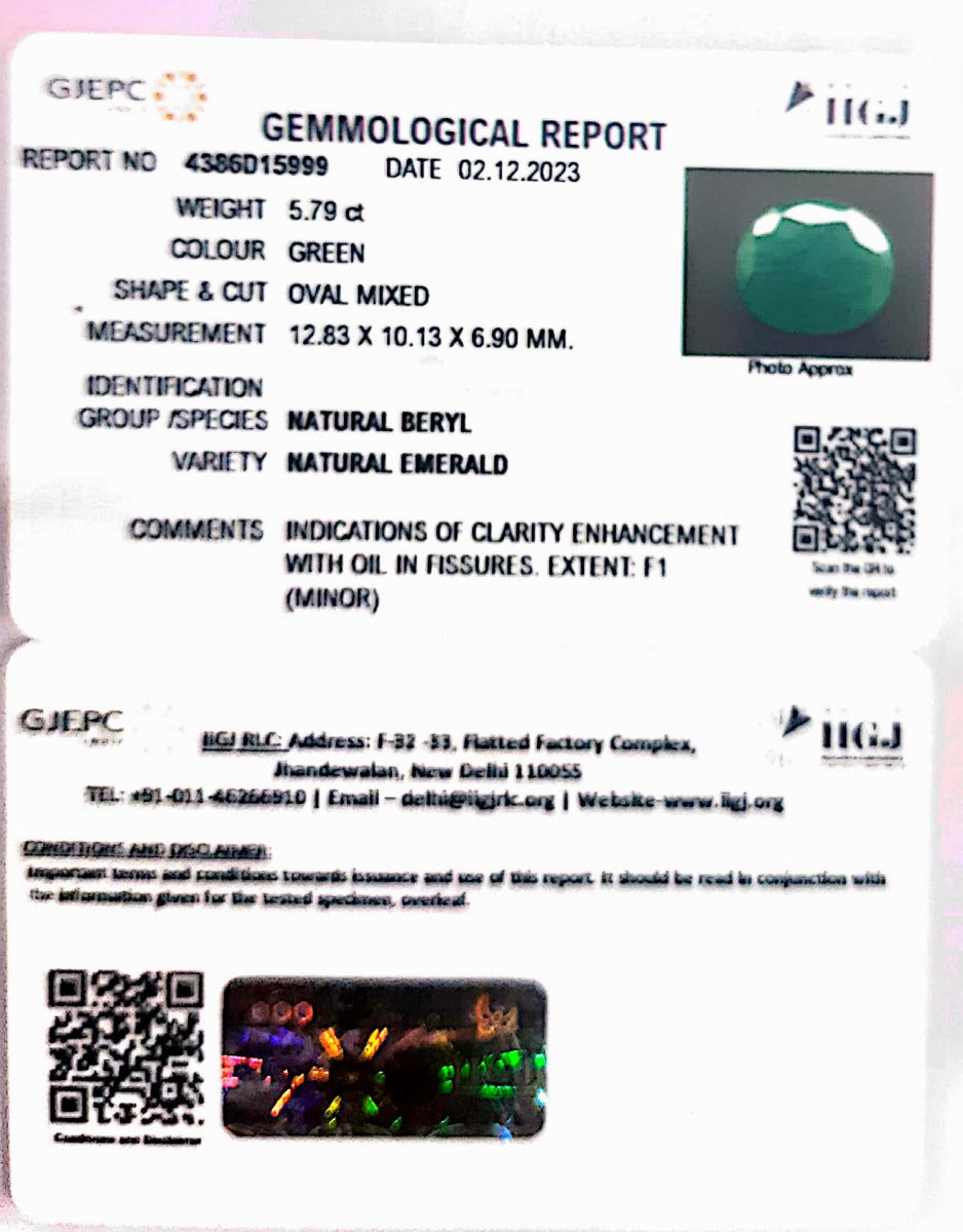 5.79/CT Natural Panna Stone with Govt. Lab Certificate (4386D15999)
