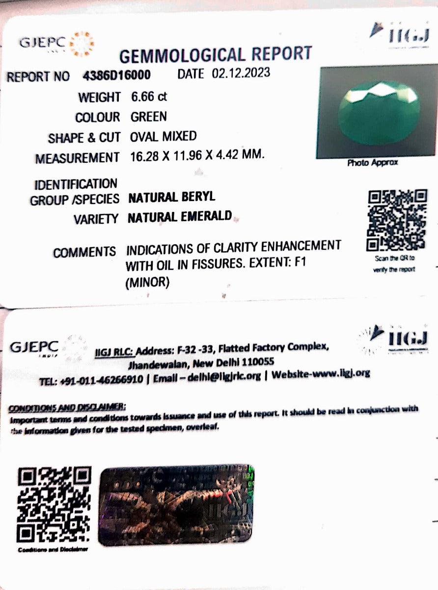 6.66/CT Natural Panna Stone with Govt. Lab Certificate (8991)