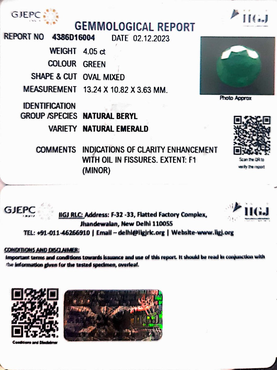 4.05/CT Natural Panna Stone with Govt. Lab Certificate (4386D16004)