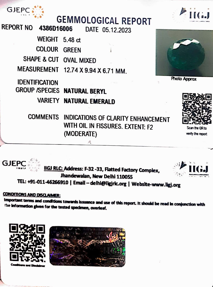 5.48/CT Natural Panna Stone with Govt. Lab Certificate (34410)